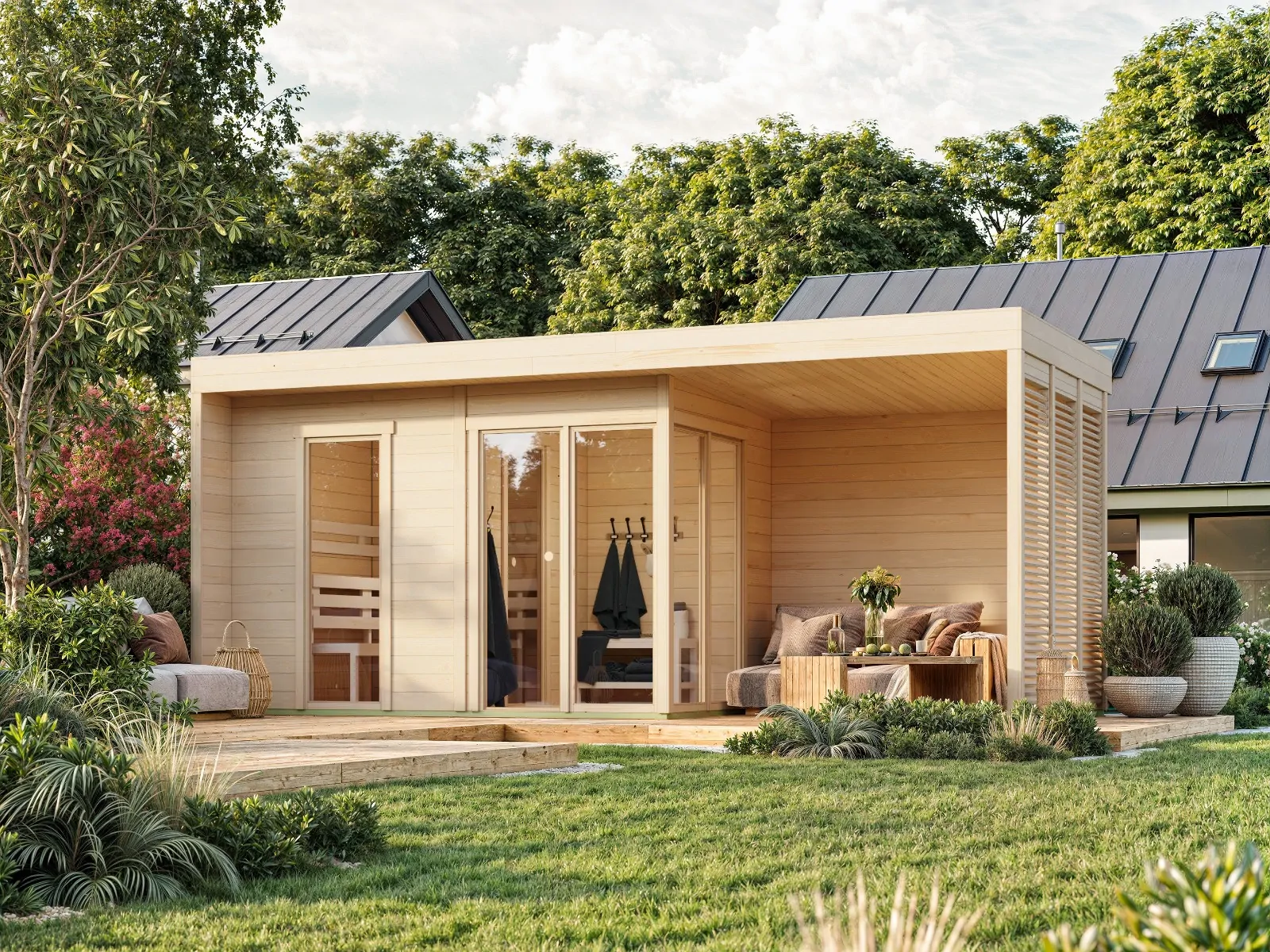 sauna finlandese da esterno franco L con veranda