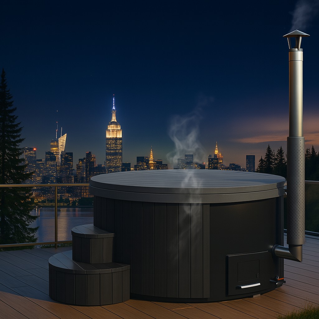 Tinozza in legno TUNNA Nero 200 Premium vista città notturno – installazione esterna in contesto urbano