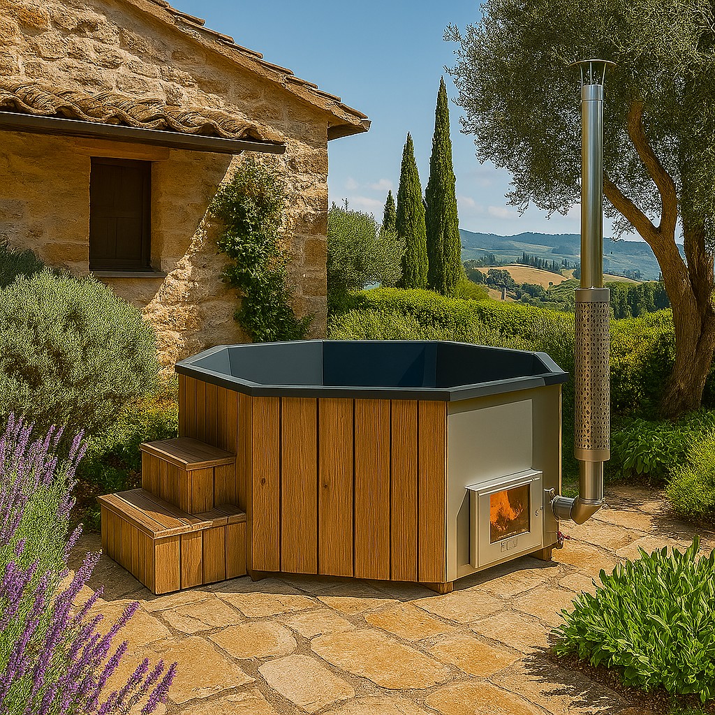 Tinozza in legno TUNNA Octo 240 vista frontale – installazione in giardino in Toscana, Italia
