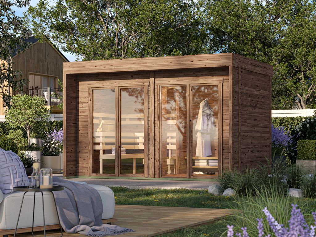 Vista frontale della sauna FRANCO L Termo con ampie vetrate e legno termotrattato nordico.