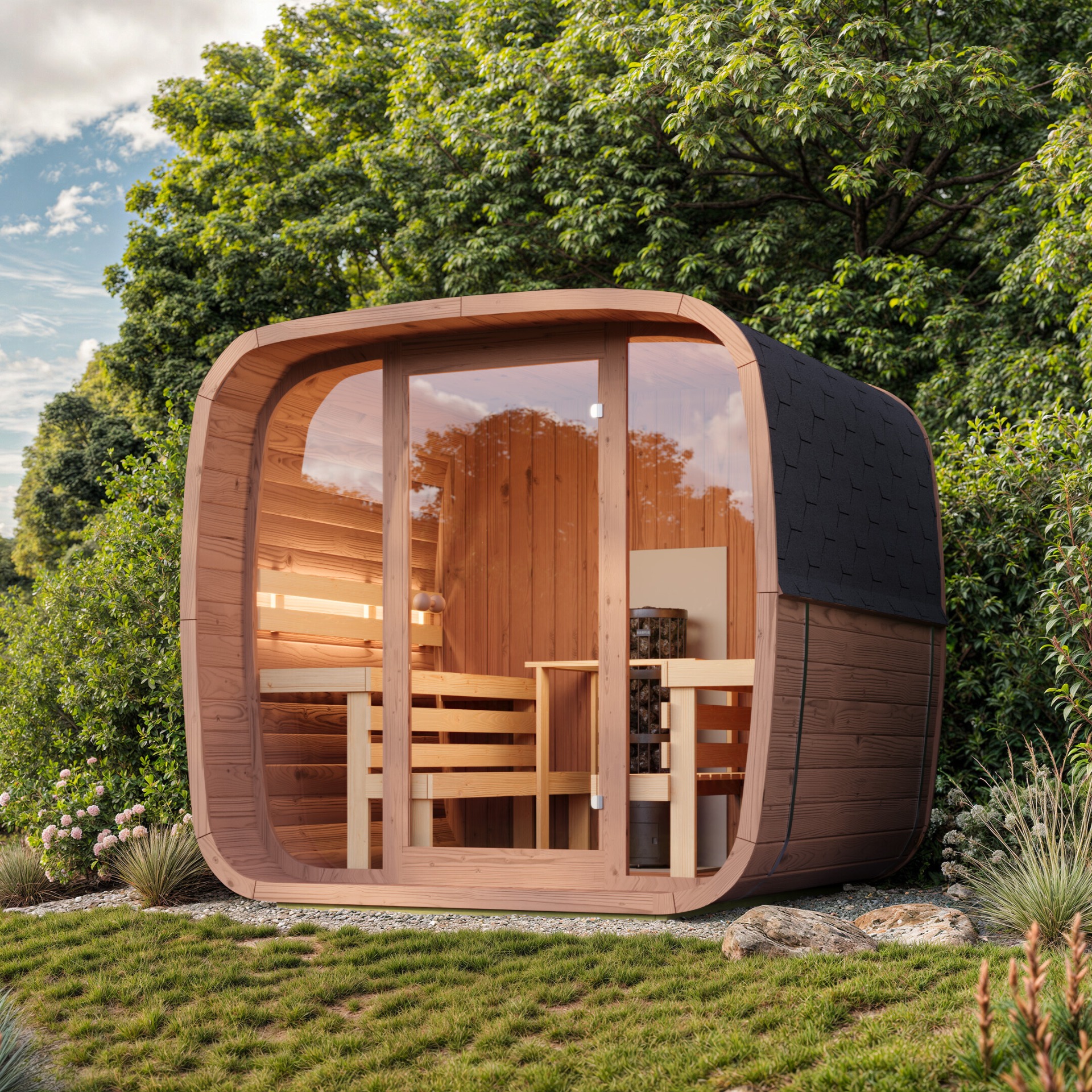 Sauna da esterno FJORD A installata su terrazza con sfondo naturale
